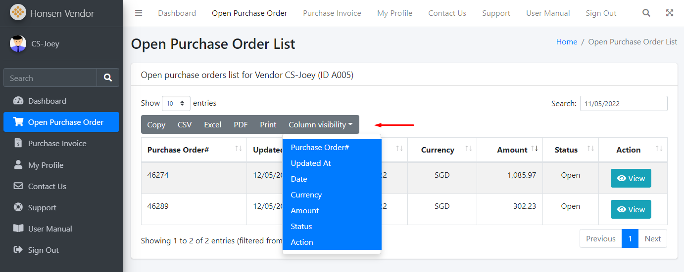 Open Purchase Order List Export