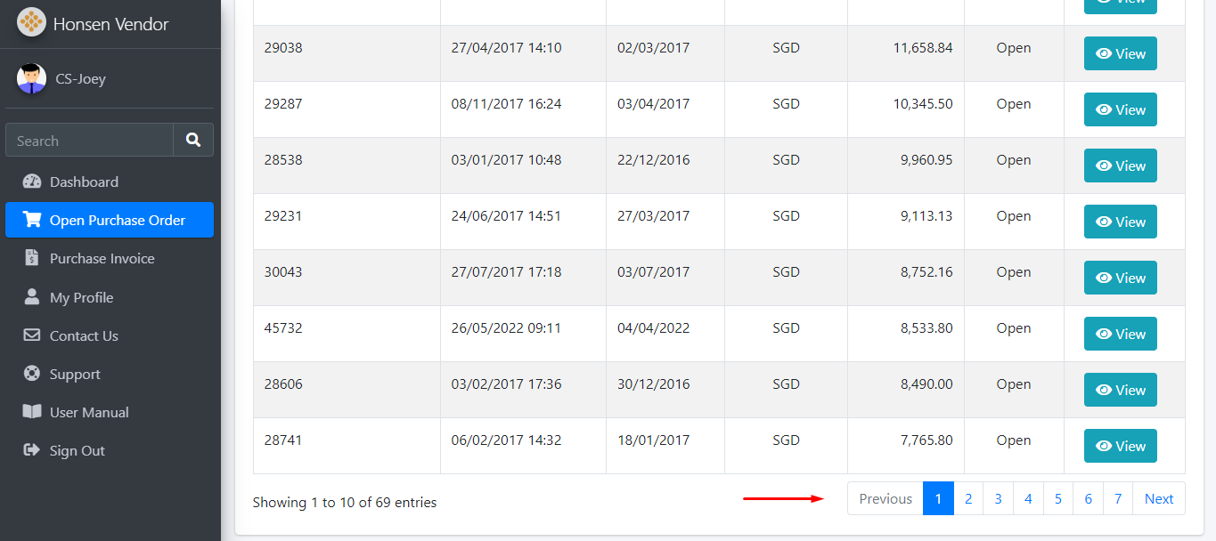 Open Purchase Order List Paging