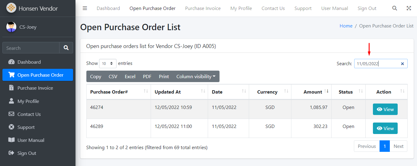 Open Purchase Order List Search