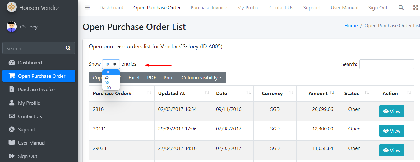 Open Purchase Order List Show Entries