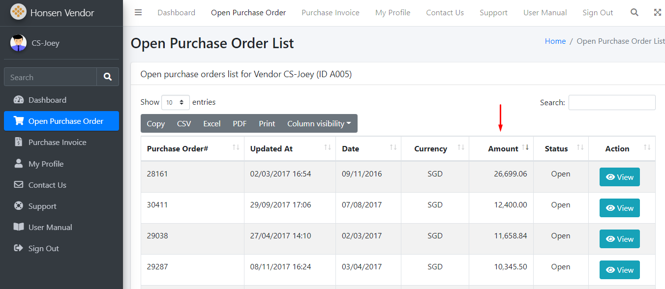 Open Purchase Order List Sort