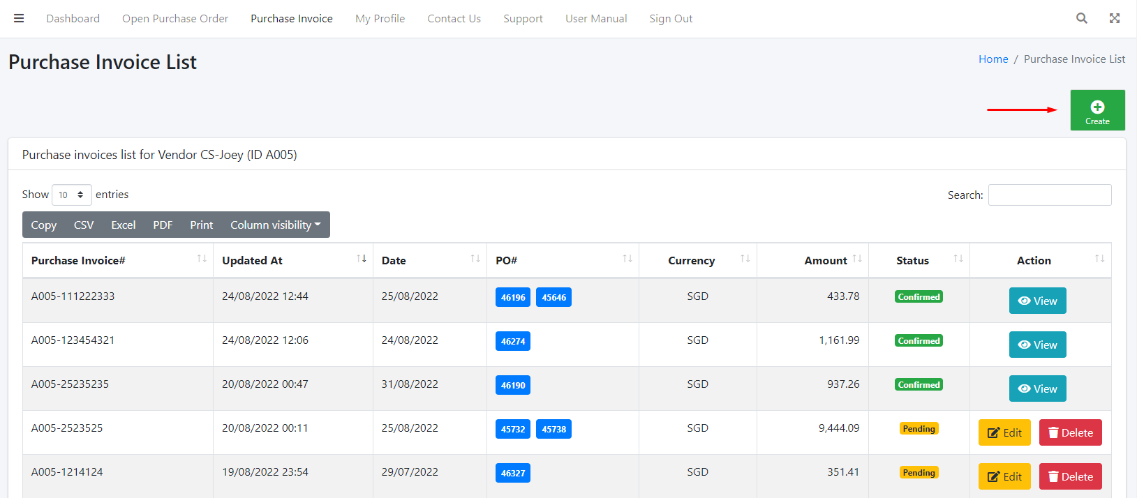 Create New Purchase Invoice Button