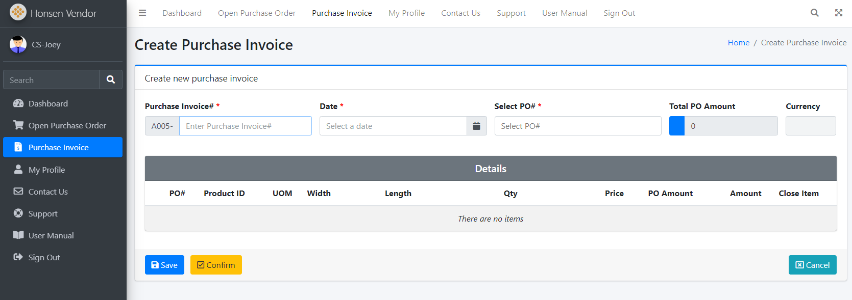 Purchase Invoice Create Screen