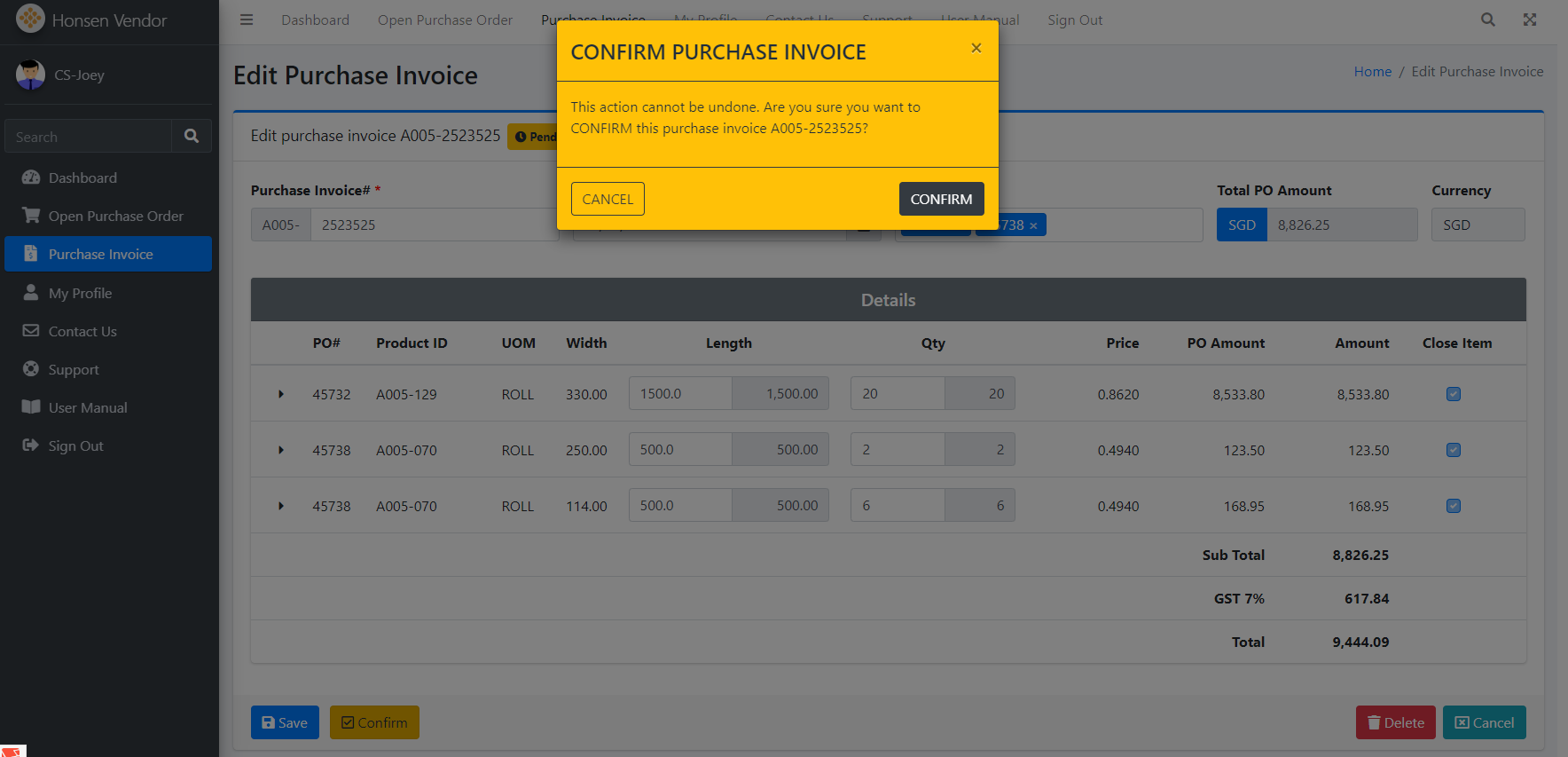 Purchase Invoice Detail Confirm Reminder