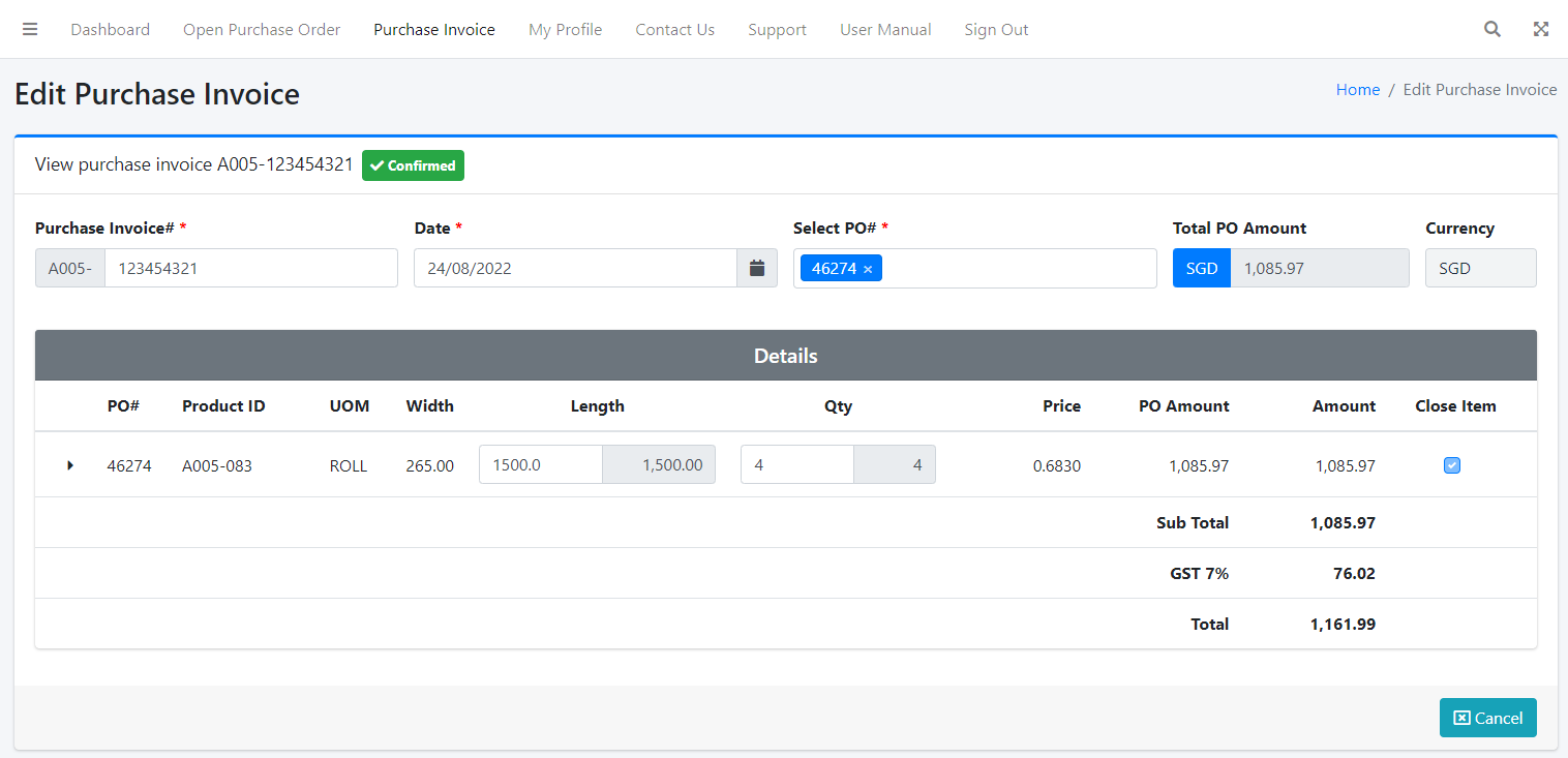 Purchase Invoice Detail Confirmed