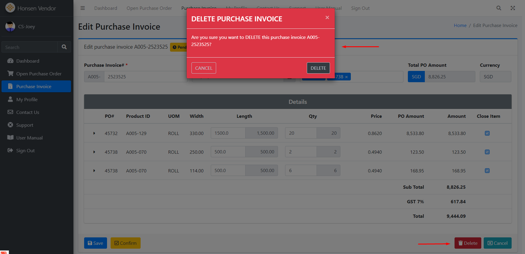 Purchase Invoice Detail Delete Confirmation