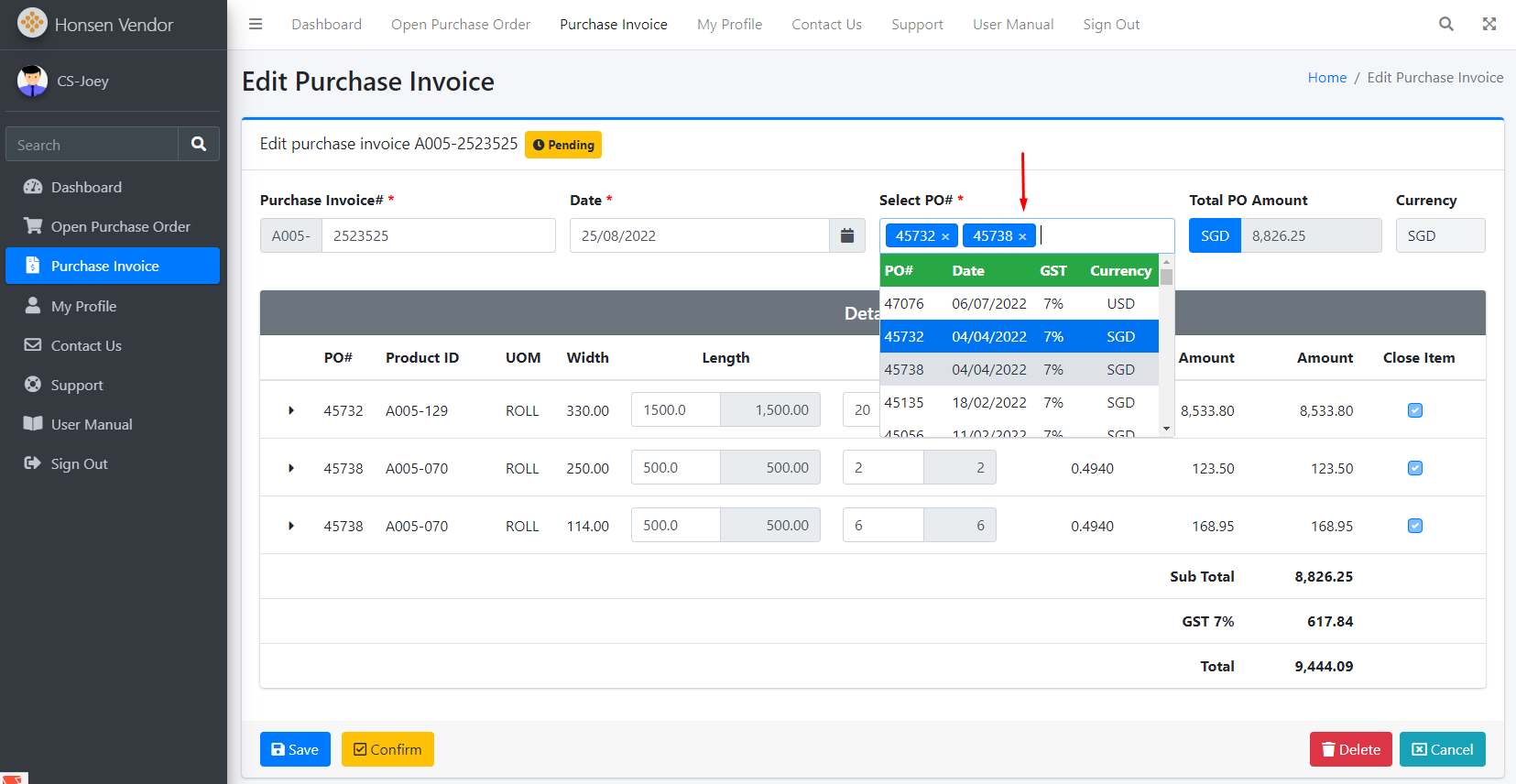 Purchase Invoice Detail Select PO