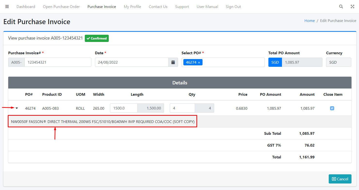 Purchase Invoice Detail View More