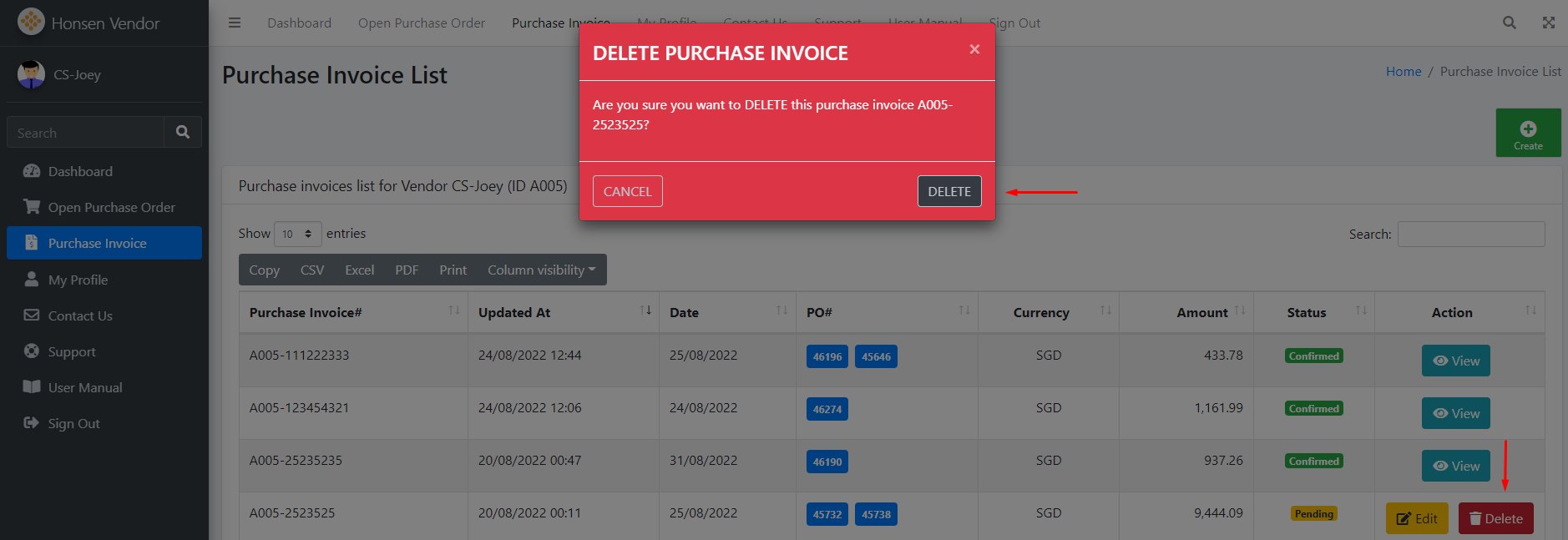 Purchase Invoice List Confirm Delete