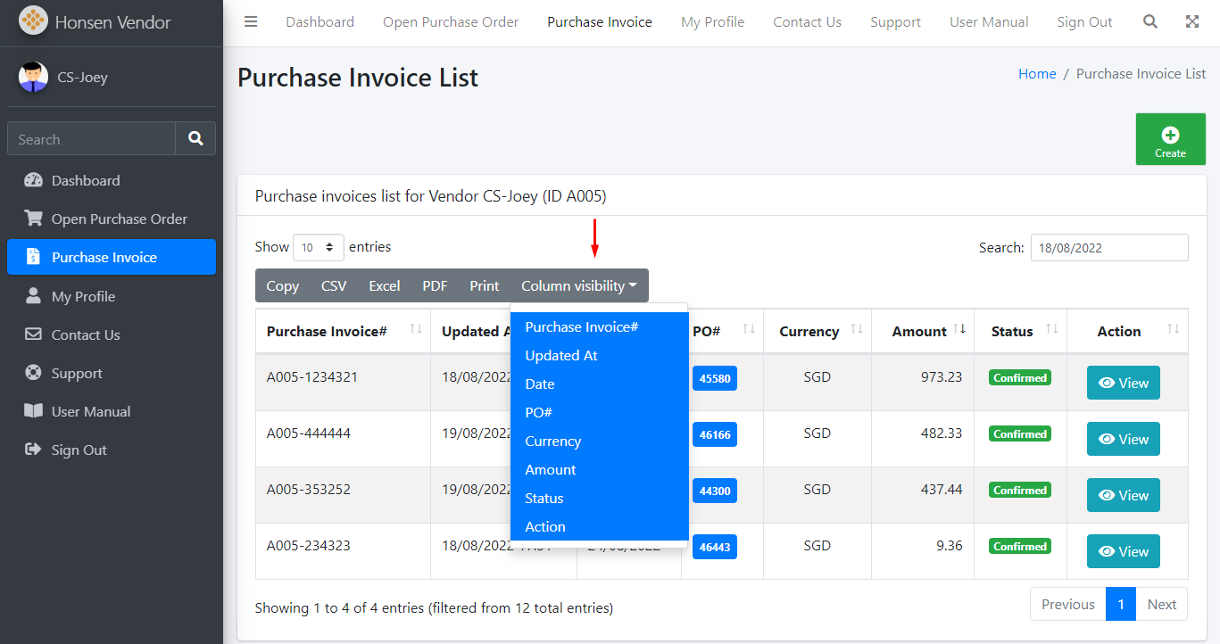 Purchase Invoice List Export