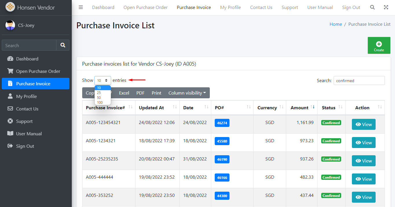 Purchase Invoice List Show Entries