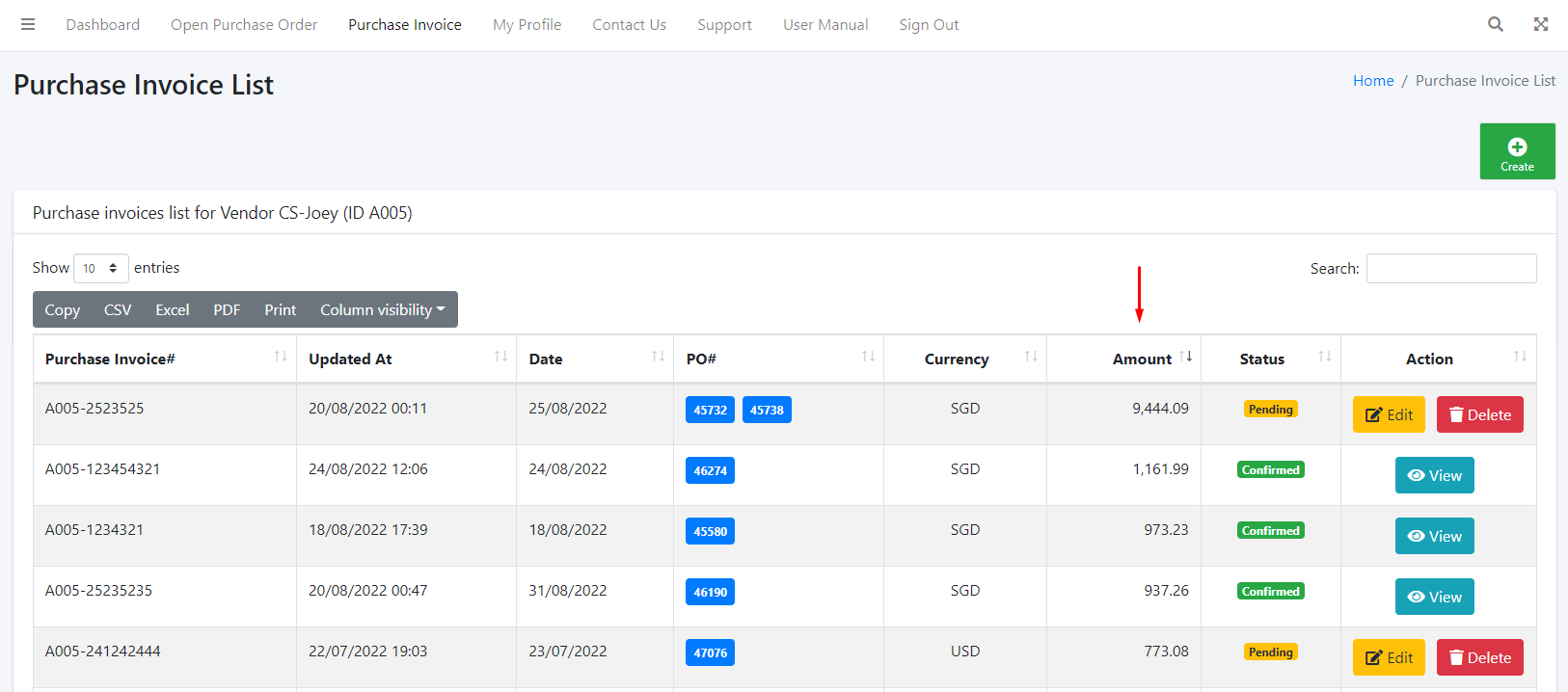 Purchase Invoice List Sort