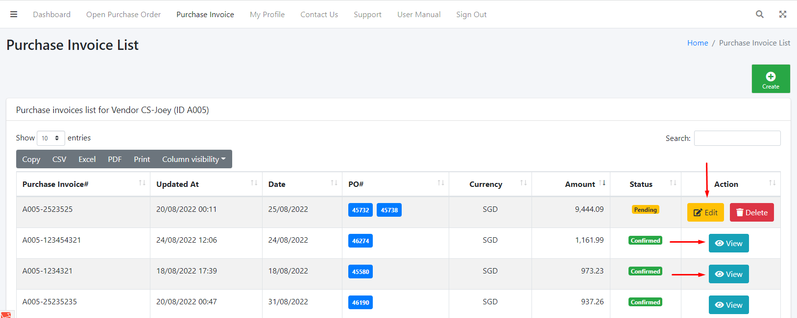 Purchase Invoice Detail View/Edit Button