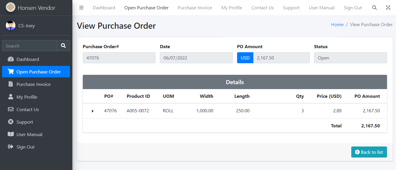 Purchase Order Detail Info