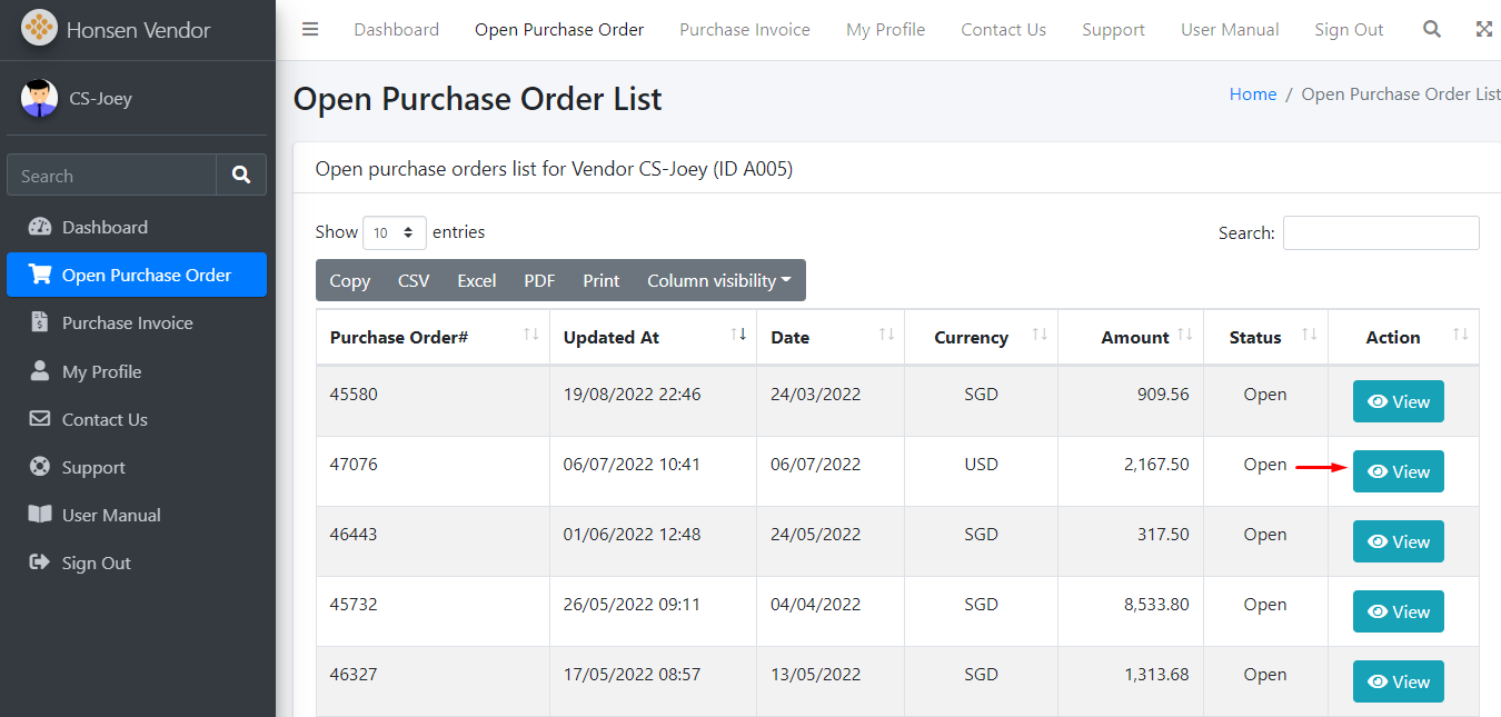 Purchase Order Detail View Button