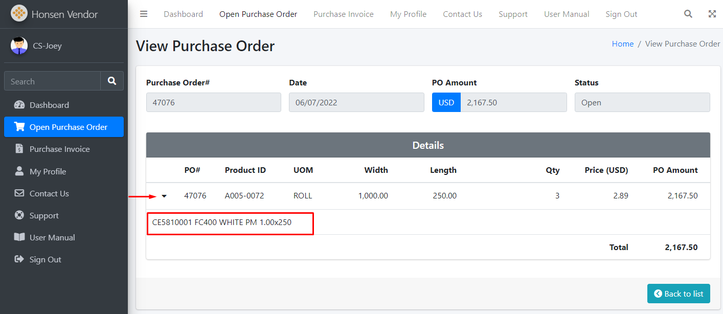 Espiride Purchase Honsen Vendor Portal Documentation | Open Purchase Order