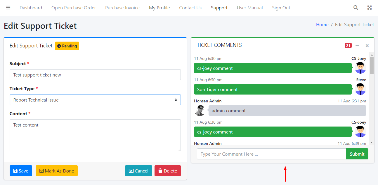 Support Ticket Comments