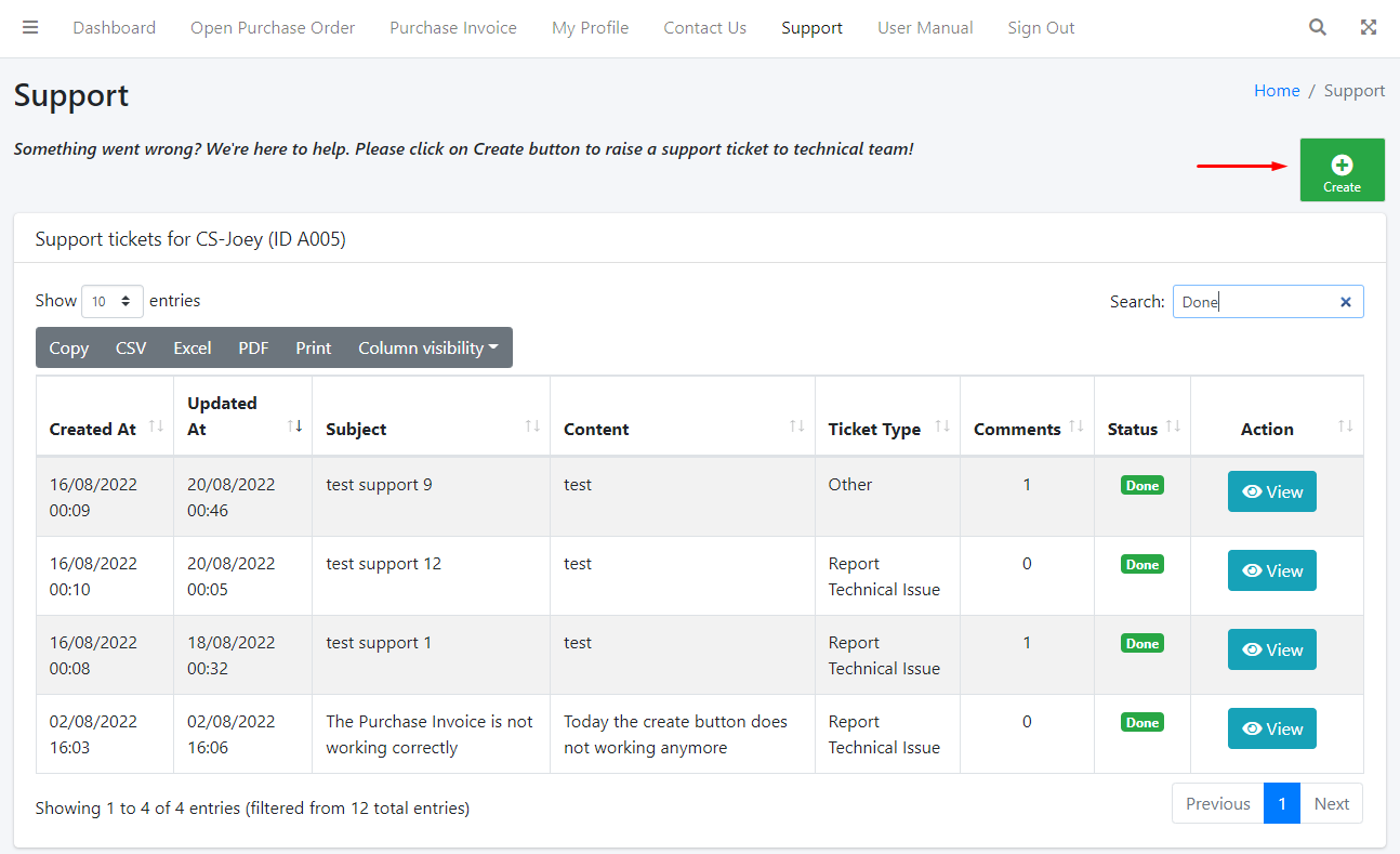 Create New Support Ticket Button