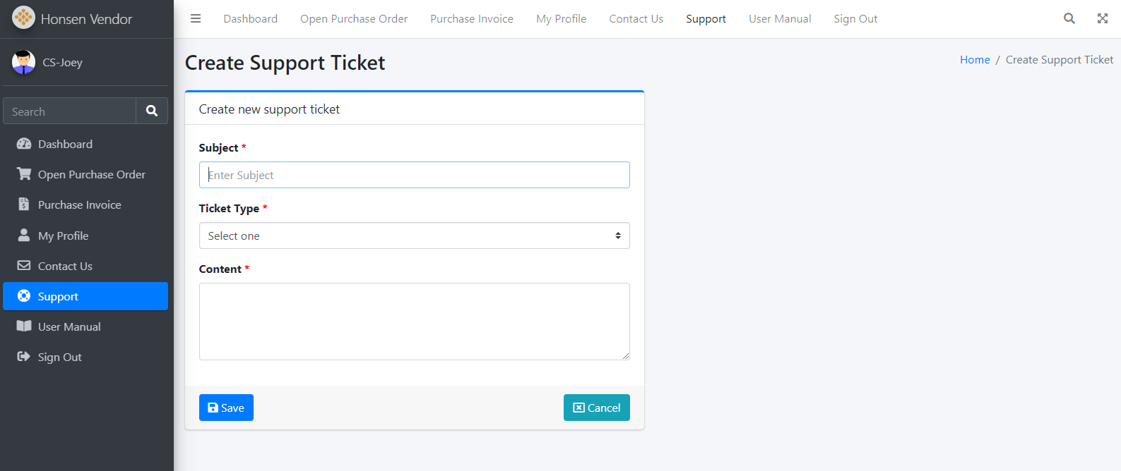 Support Ticket Create Screen