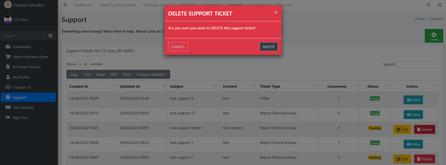 Support Ticket List Confirm Delete