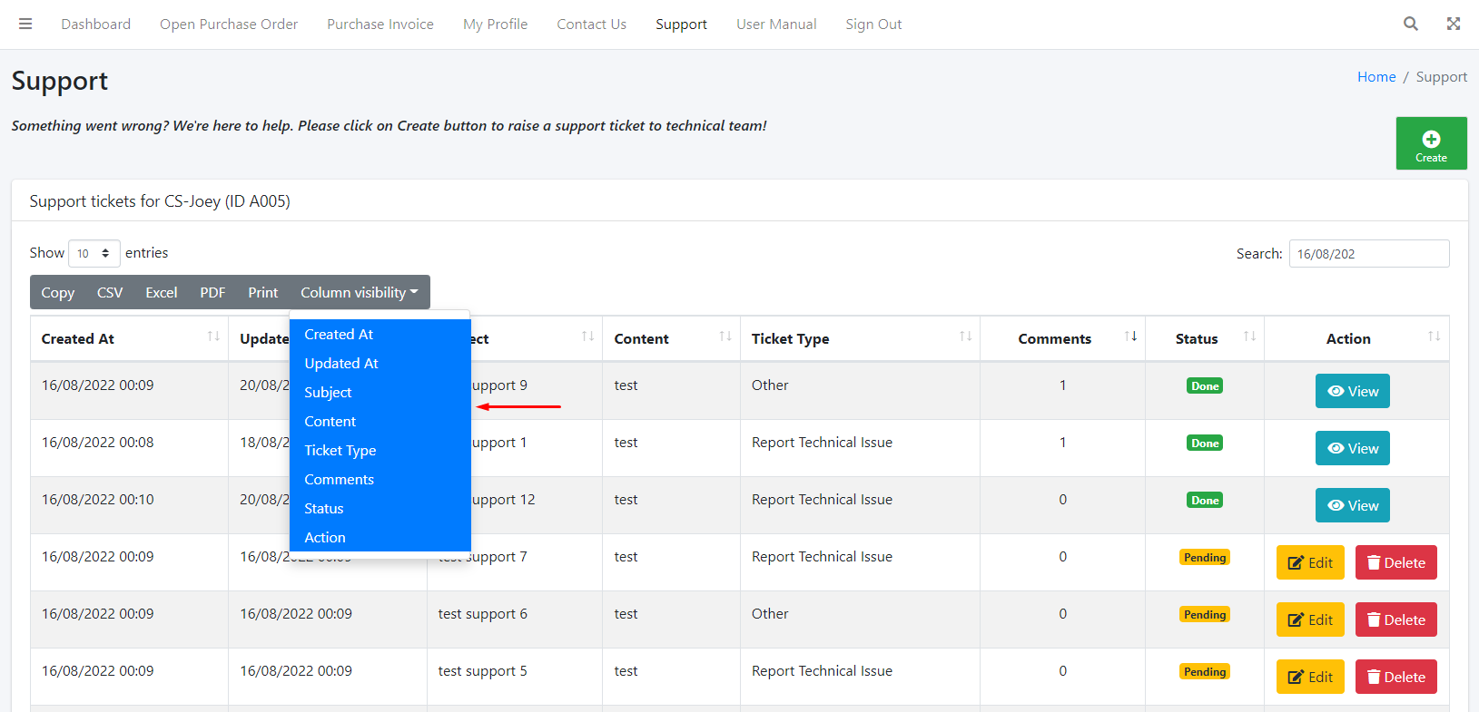 Support Ticket List Export