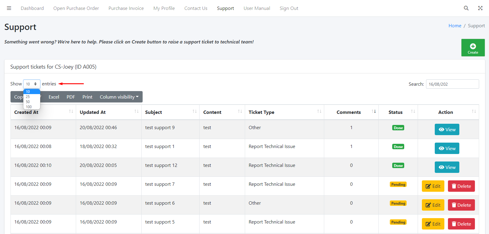 Support Ticket List Show Entries